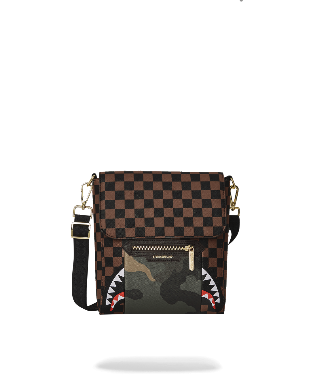 Limited Edition EXTERIOR GOLD ZIP POCKET SHARKS IN PARIS MESSENGER SLING BAG